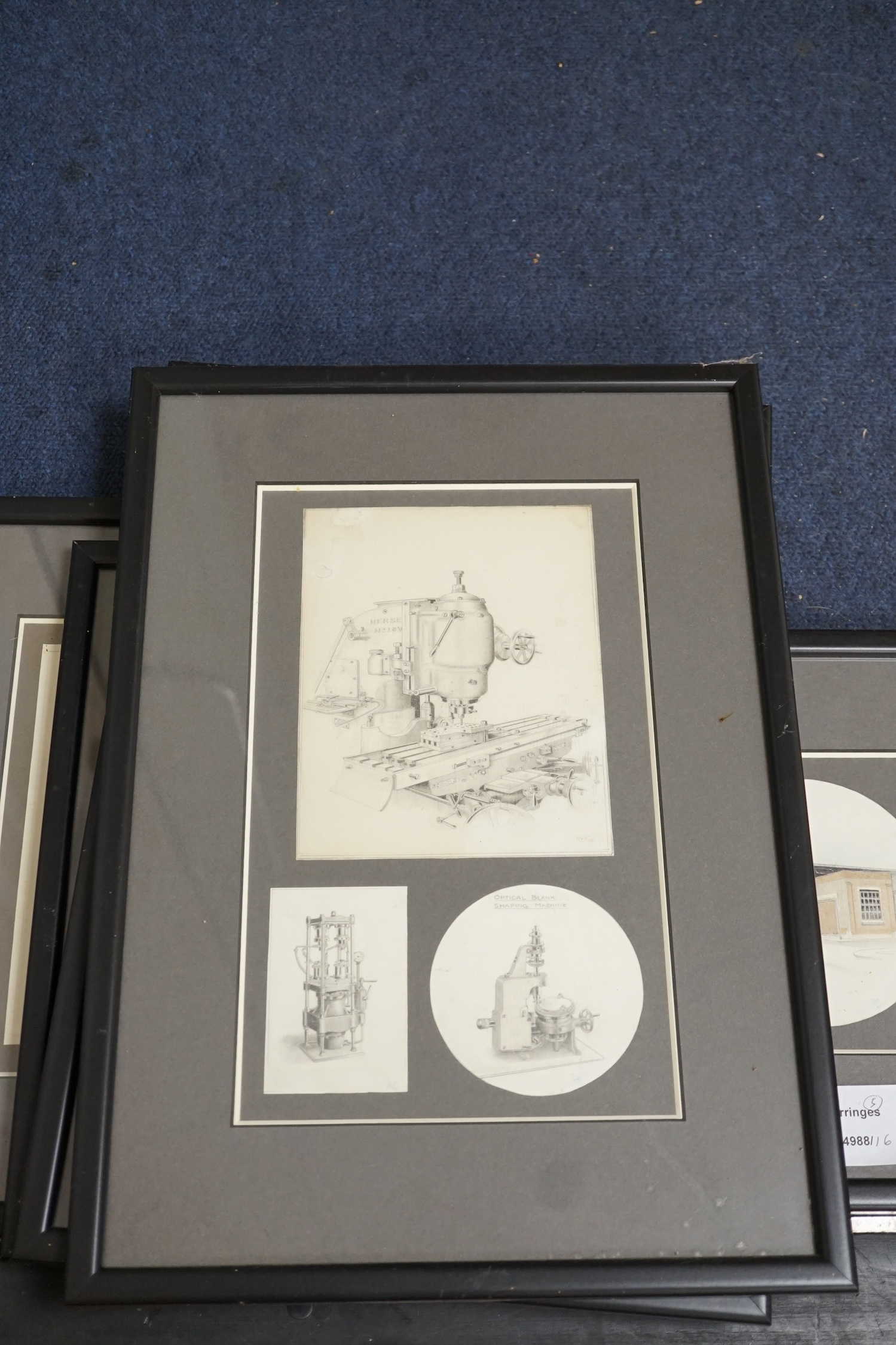 Five watercolour and pencil studies including meticulously observed drawings of electric motors, gears, an accelerometer and a view of a building, possibly designed by Giles Gilbert Scott, 18 x 13.5cm. Condition - fair